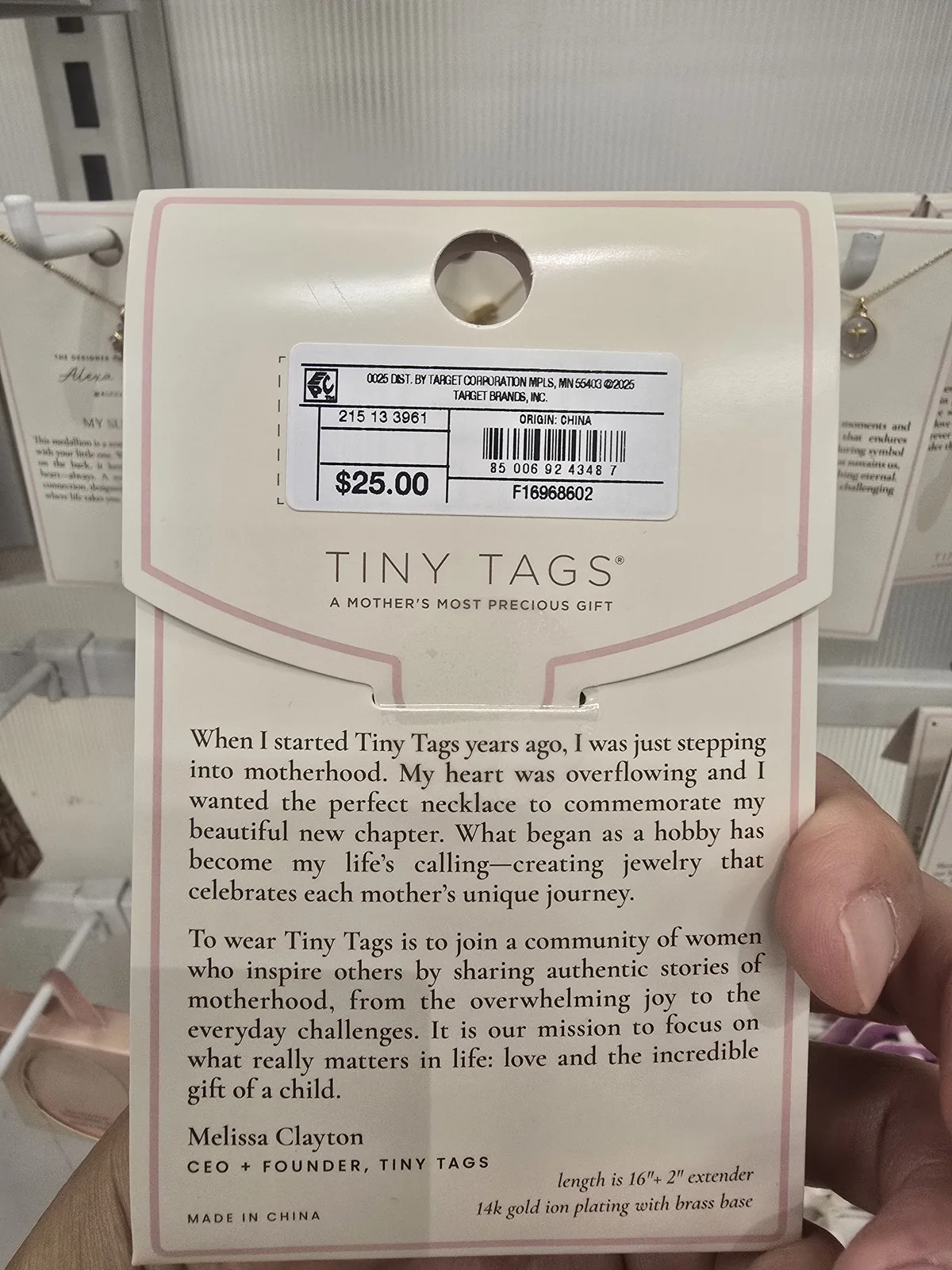 Tiny Tags 项链卡背,Target 价签标 25.00 美元、ORIGIN CHINA,底部小字标 14k gold ion plating with brass base、Made in China