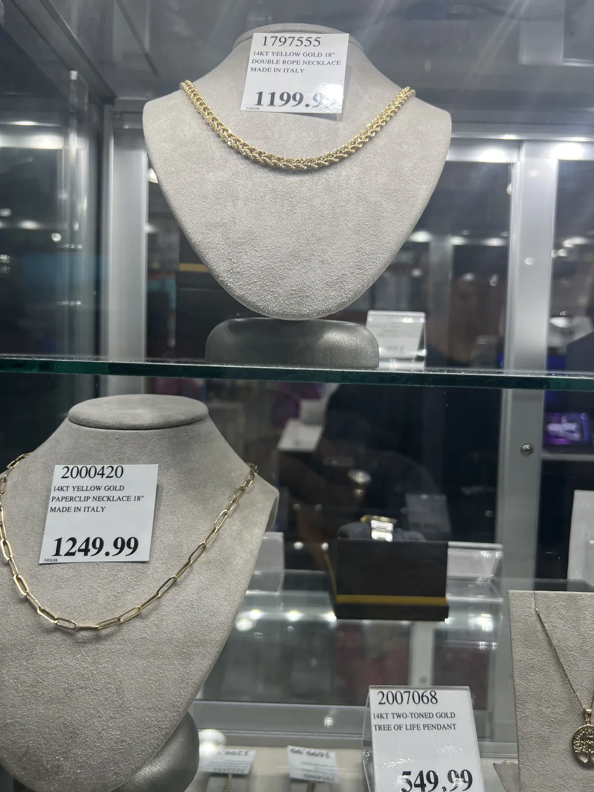 Costco 14KT 黄金链柜台,双绳链、回形针链、生命之树吊坠,标价数百到千余美元